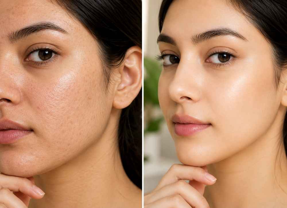 How To Get Rid Of Texture On Skin? Two images of a woman showing varying degrees of acne on her face, highlighting skin texture and condition.