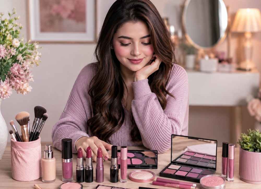 A woman seated at a table surrounded by various makeup products, thoughtfully examining her options.