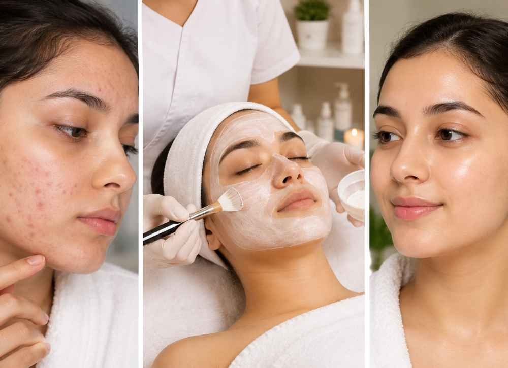1. A woman receiving a facial treatment at a spa, with a serene expression and skincare products nearby.