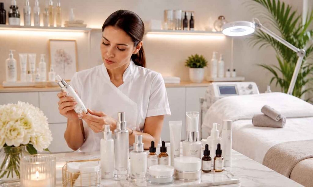 A woman sits at a table surrounded by various beauty products, showcasing her collection and interest in cosmetics.