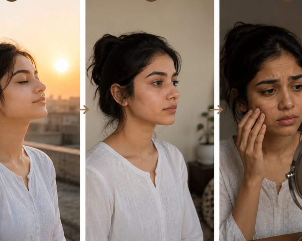 A sequence of three images showing a woman indoors. In the first, she is calm with closed eyes at sunset. In the second, she looks contemplative. The third shows her concerned, examining her skin in a mirror.