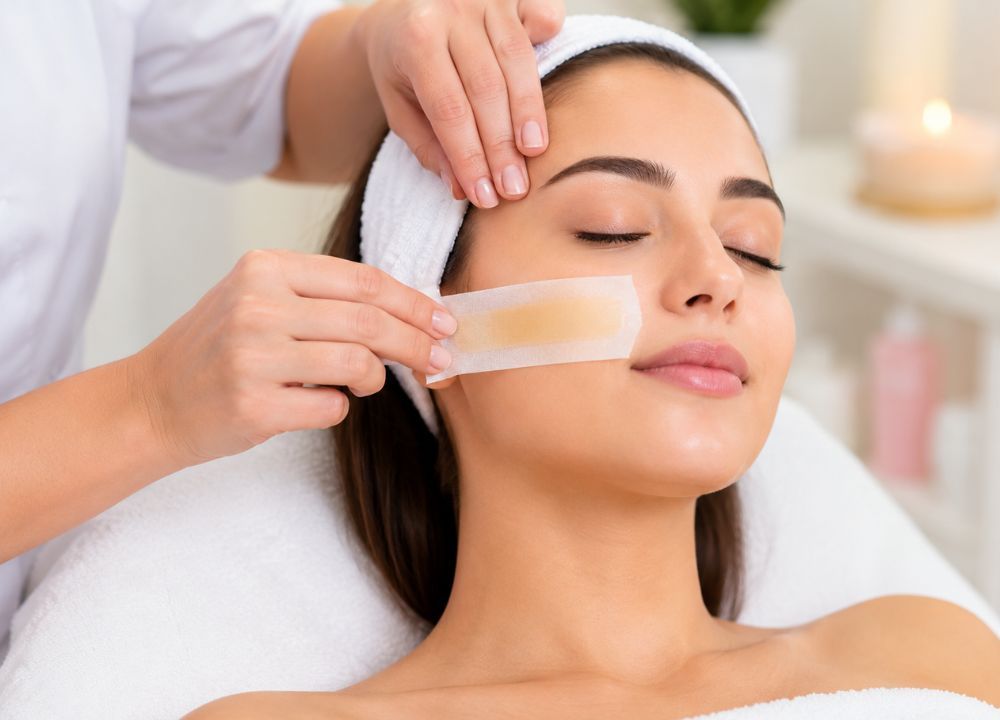 Is It Good to Wax Your Face? Benefits, Risks & Expert Tips A woman receiving a facial treatment, relaxing on a spa bed with a serene expression and a therapist applying products.