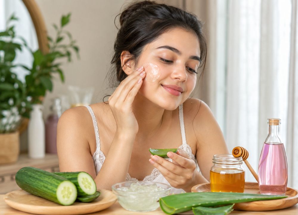 A woman applies a cream on her face, surrounded by natural skincare items like aloe vera, cucumbers, honey, and rose water, exuding a serene, pampering vibe.
