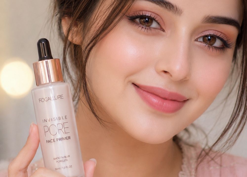 A woman with smooth, radiant skin holds a bottle of Focallure Invisible Pore Face Primer. She smiles warmly, conveying a sense of satisfaction and confidence.