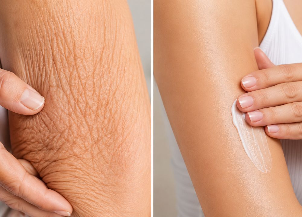 How can you get rid of your crepey skin And Body? Split image showing a textured, dry elbow on the left and a moisturized arm on the right being gently applied with cream, conveying skin care improvement.