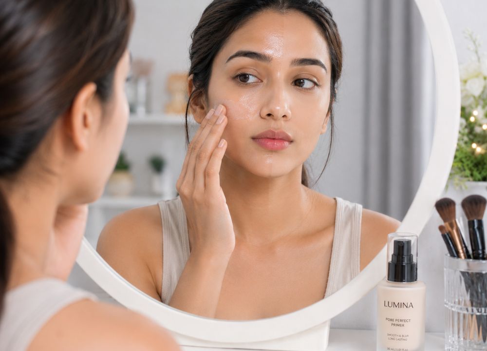 A woman applies primer on her face in front of a round mirror, exuding a calm focus. Nearby are brushes and a Lumina bottle on a white counter.