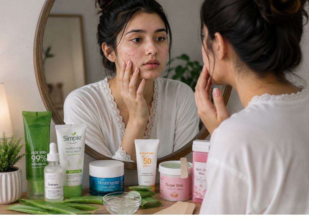 Why does my face break out after waxing? A woman examines her face in the mirror, surrounded by skincare products like aloe vera gel, moisturizer, and sunscreen. Her expression is thoughtful.