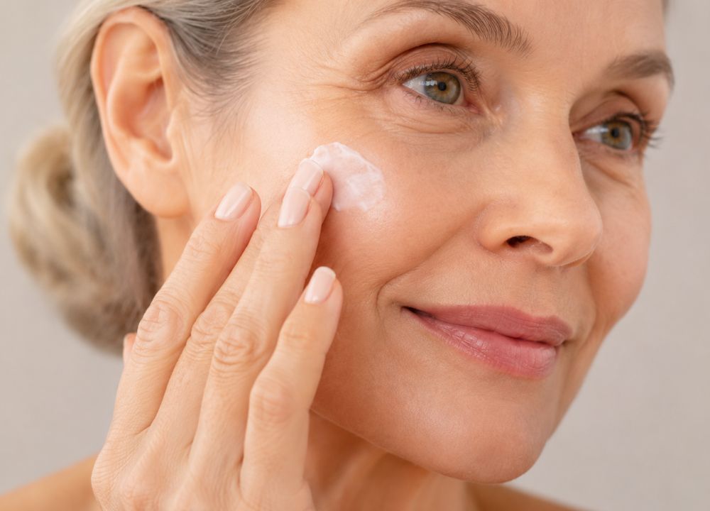 Smiling woman applies moisturizer to her cheek, conveying a sense of calm and self-care. Close-up highlighting youthful skin and gentle touch.
