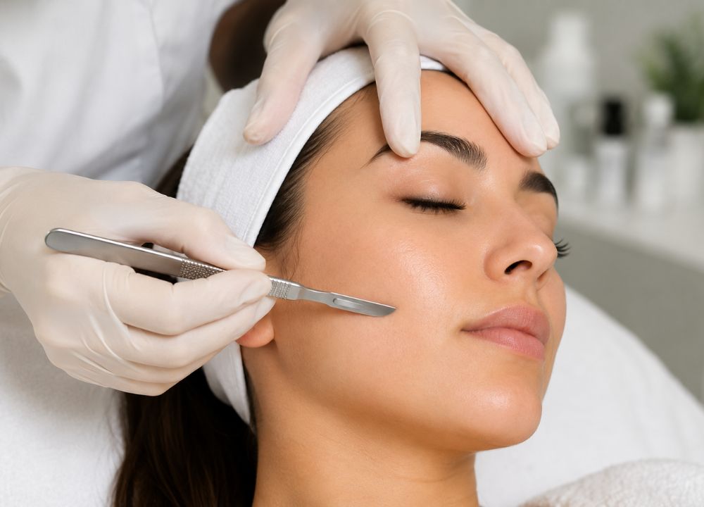 Is Dermaplaning Good for Your Skin A woman receives a dermaplaning treatment in a spa setting. Her eyes are closed, and a professional uses a scalpel on her cheek. The mood is calm and serene.