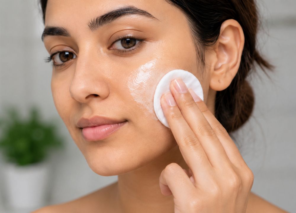 A person gently applies skincare cream using a cotton pad on their cheek. The scene is calm and focused, with a blurred green plant in the background.