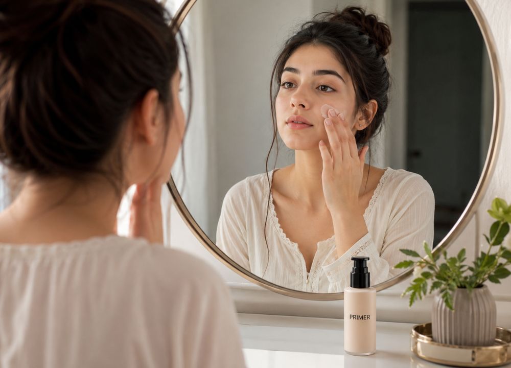 A woman gently applies primer to her face, gazing into a round mirror with a calm expression. A bottle labeled "Primer" and a small plant are on the counter.
