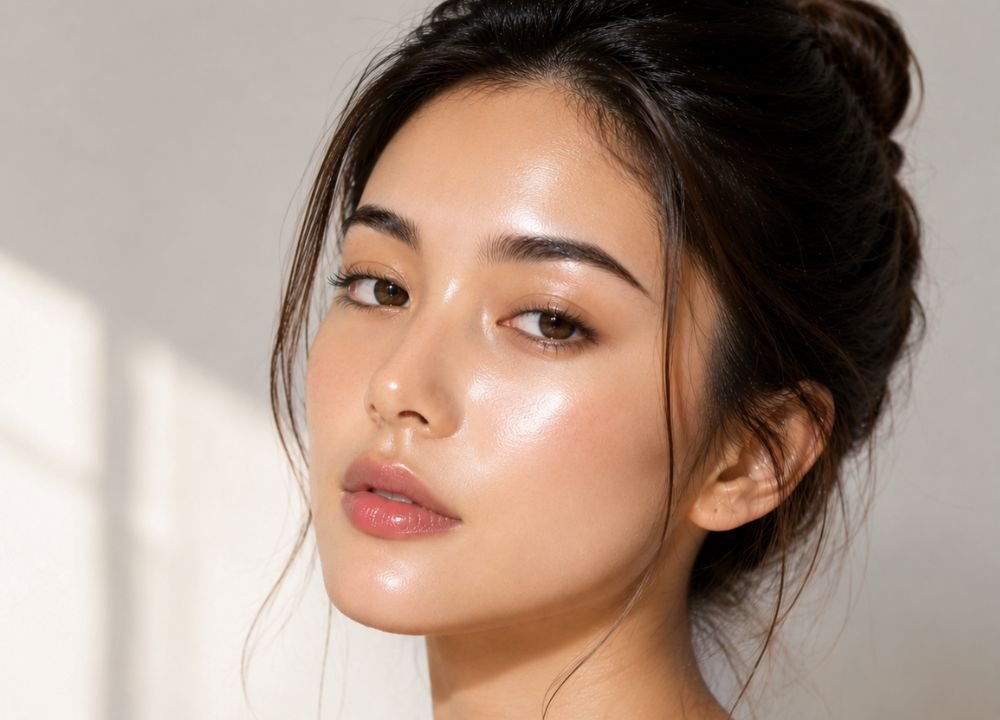 Why Is My Skin So Shiny But Not Oily A woman wearing a white shirt showcases a stylish makeup look, highlighting her features and enhancing her overall appearance.