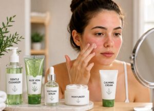 How to Soothe Irritated Skin on the Face? A woman applies cream to her red, irritated cheek while sitting in front of a mirror. Skincare products labeled as gentle cleanser, aloe vera gel, soothing serum, moisturizer, and calming cream are arranged beside her. The scene conveys a soothing, self-care routine.