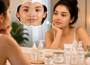 How To Treat Textured Skin? Woman in a bathroom admiring her reflection, surrounded by skincare products. Thought bubble shows before-and-after skin improvement.
