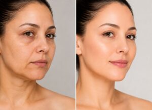 How Can I Tighten My Face Skin? Split image of a woman before and after skin treatment. The left side shows uneven skin tone and wrinkles; the right side shows smooth, glowing skin.