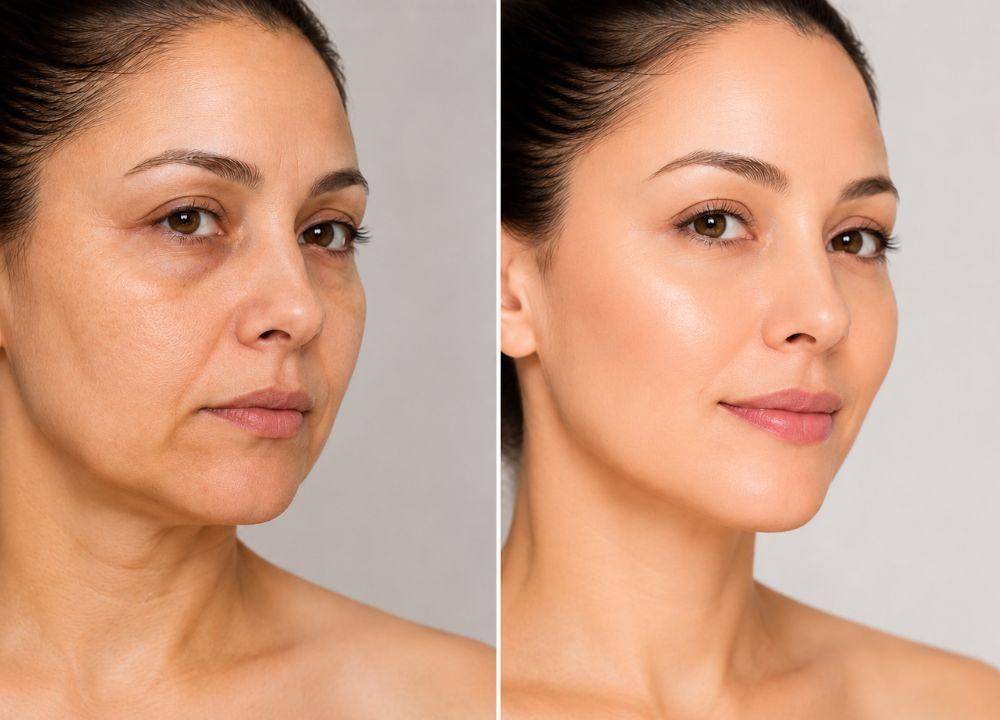 How Can I Tighten My Face Skin? Split image of a woman before and after skin treatment. The left side shows uneven skin tone and wrinkles; the right side shows smooth, glowing skin.