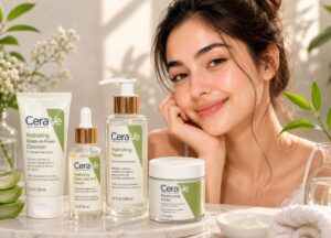 How to Have Really Clear Skin ? A smiling woman with glowing skin poses alongside CeraVe skincare products: cleanser, serum, toner, and cream. The scene conveys freshness and hydration.