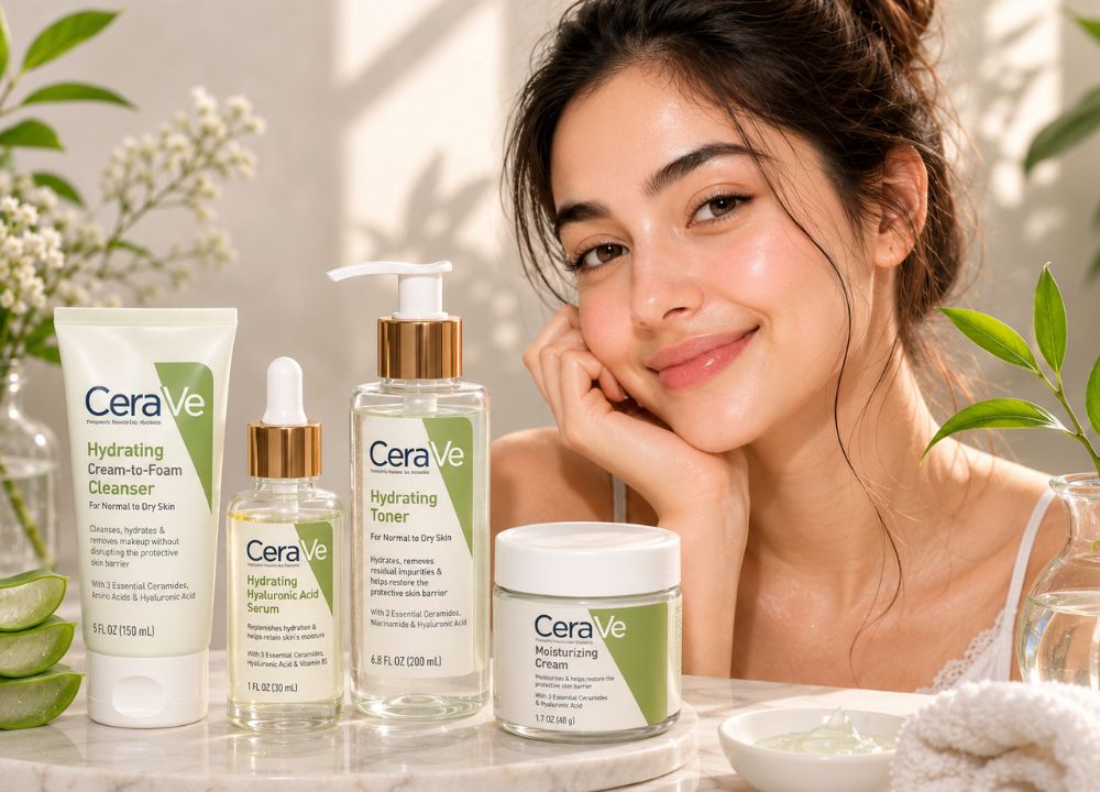 How to Have Really Clear Skin ? A smiling woman with glowing skin poses alongside CeraVe skincare products: cleanser, serum, toner, and cream. The scene conveys freshness and hydration.