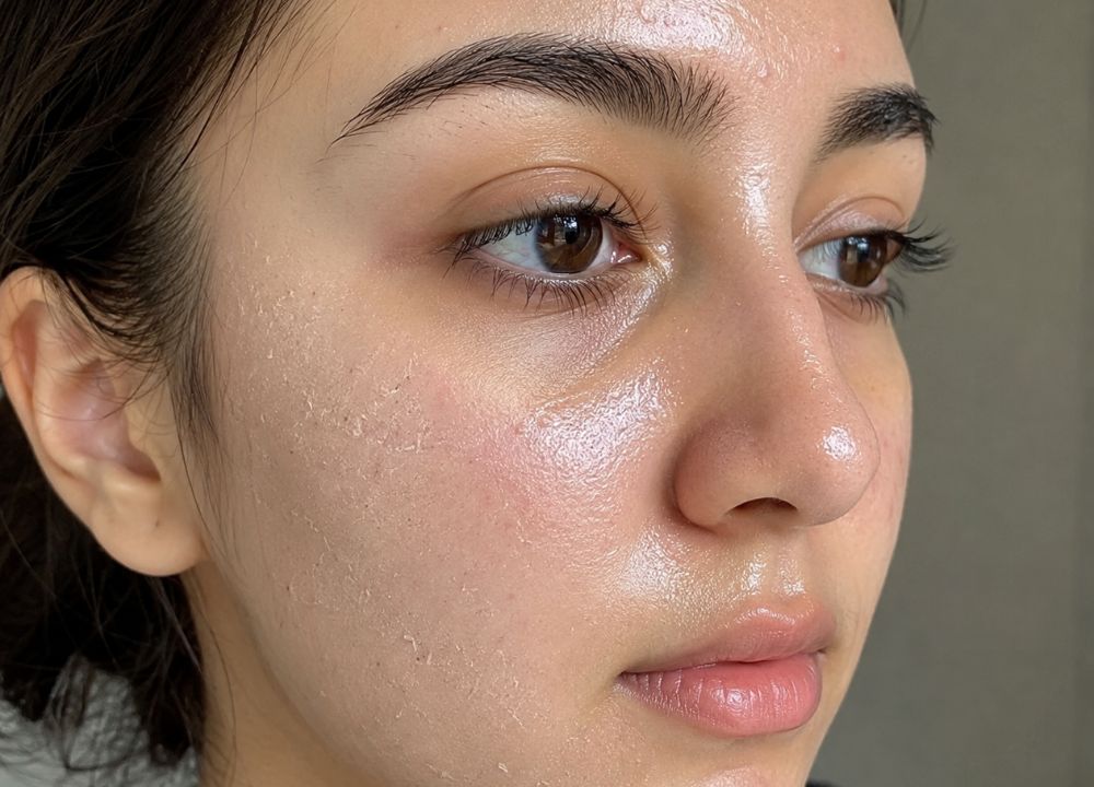 Close-up of a person’s face with slightly dry and flaking skin on the cheek. The complexion is otherwise smooth and glowy, conveying a neutral tone.