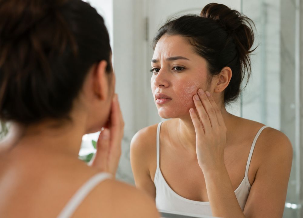 A woman examines her face in a mirror, focusing on a red, irritated patch on her cheek. Her expression is one of concern and contemplation.