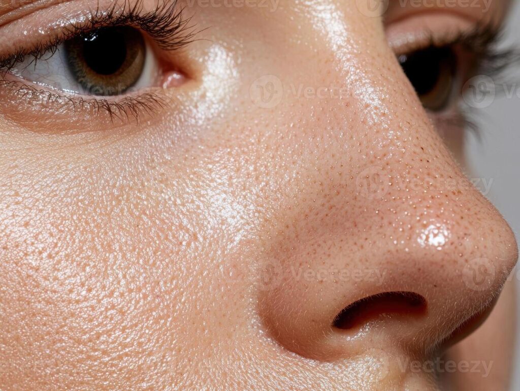 close up of womans face showing skin texture and pores photo